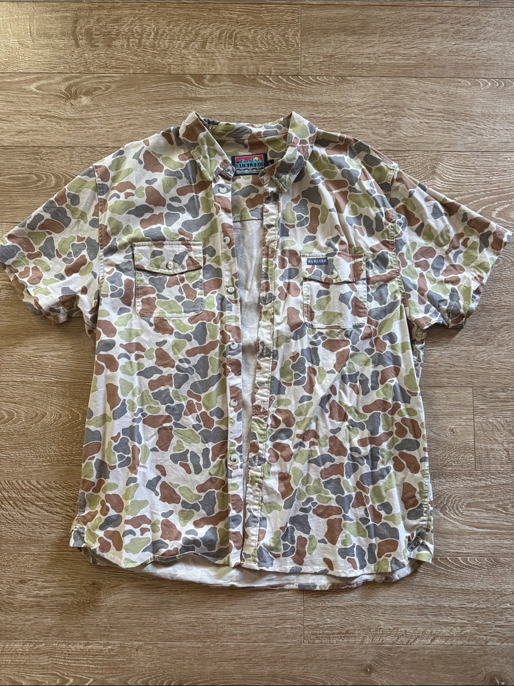 BURLEBO Short-Sleeve Camo Button-Down in Green, Brown & Gray